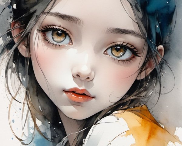 Portrait of a Young Girl with Watercolor Background