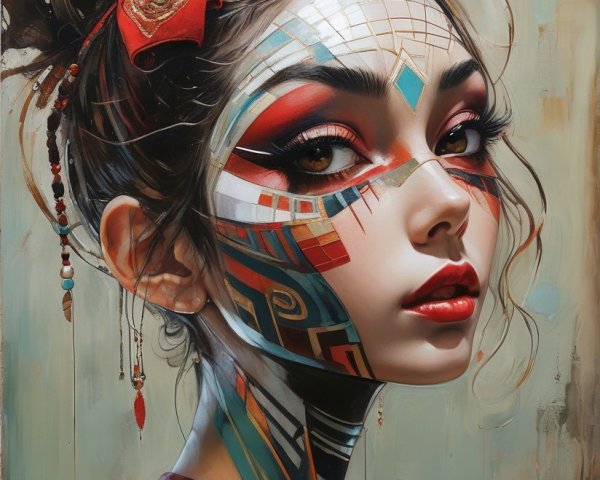 Portrait of a Young Woman with Tribal Face Paint