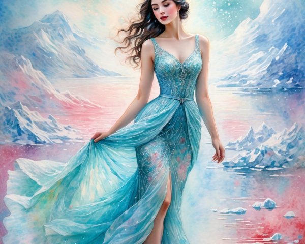 Ethereal Figure in Ice-Blue Gown Against Dreamy Background