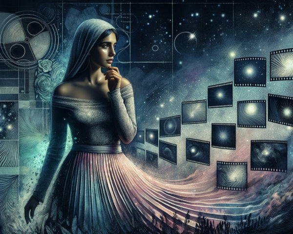Mystical Woman in Cosmic Landscape with Celestial Hues