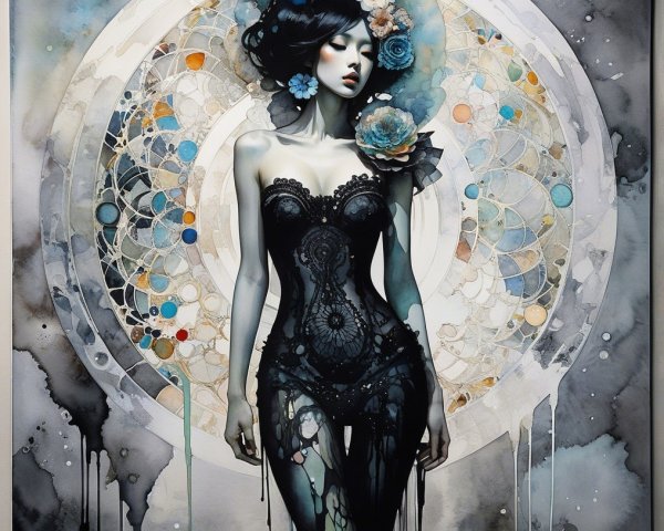 Artwork of a woman in a black lace bodysuit with flowers