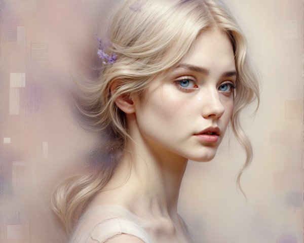Portrait of a woman with blonde hair and lavender accents