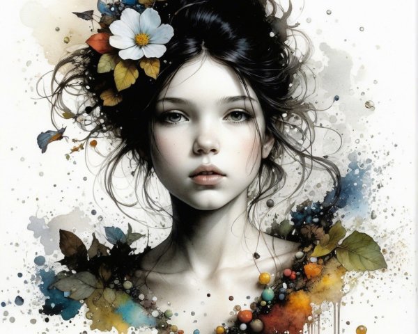 Serene Young Girl Surrounded by Flowers and Watercolors