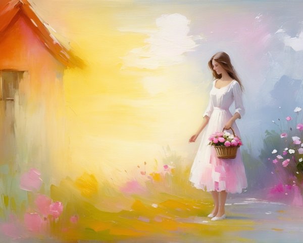 Young Woman in White Dress by Orange Cottage Landscape