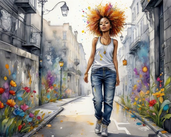 Vibrant Street Scene with Woman in Colorful Alleyway