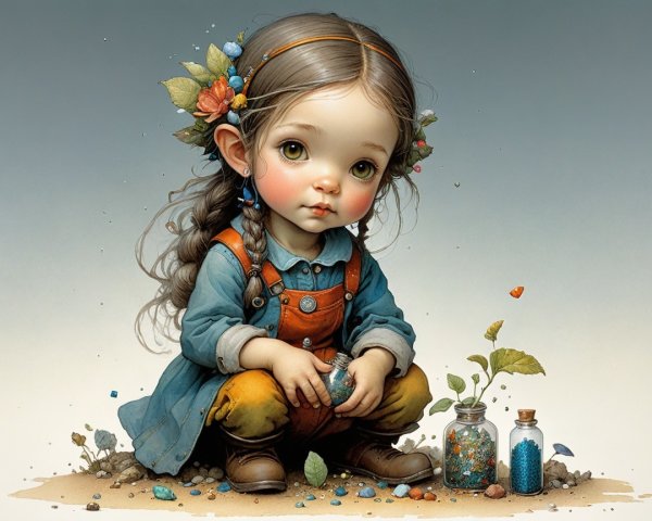 Young girl with flowers in hair exploring nature's treasures