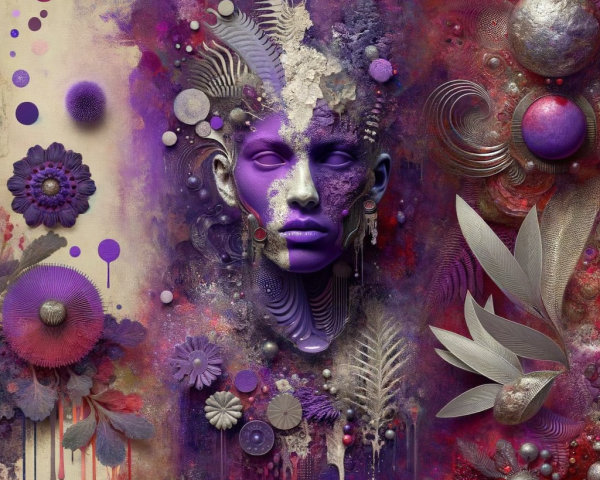 Stylized Purple Face with Abstract Floral Elements