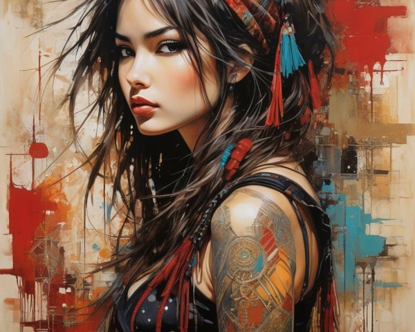 Portrait of a Young Woman with Feathers and Tattoos