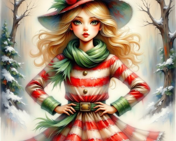 Young woman in festive attire with snowy background