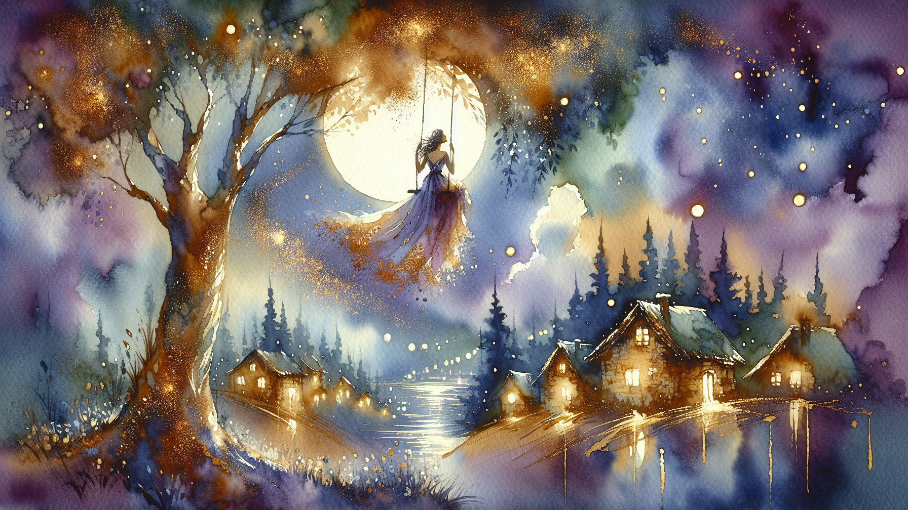 Whimsical Watercolor Village Under a Shimmering Moon