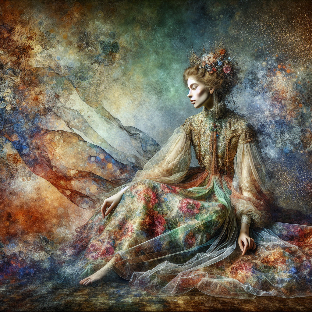 Elegant figure in floral gown in dreamlike setting