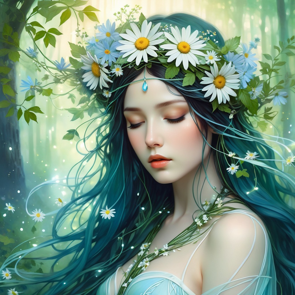 Fairy figure in a lush forest with daisies and light