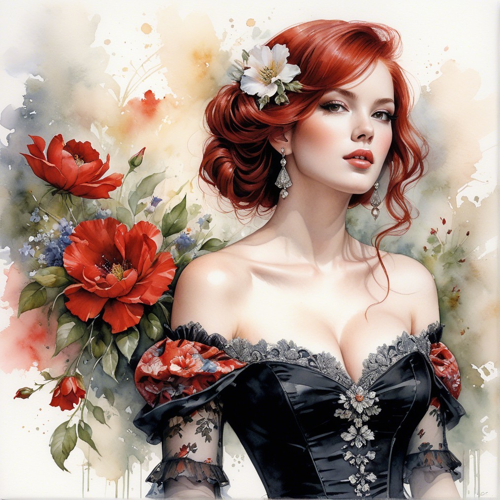 Elegant Woman with Red Hair and Black Lace Dress