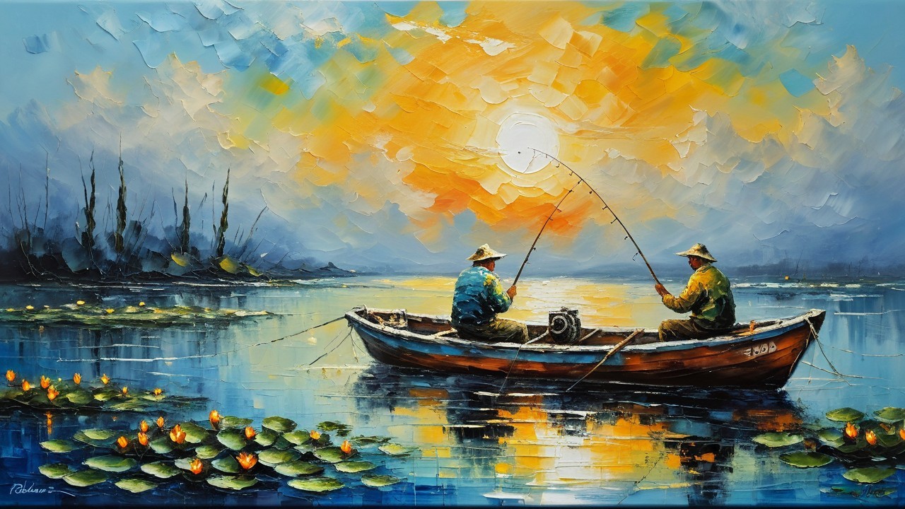 Sunset Reflections of Fishermen on a Tranquil Lake