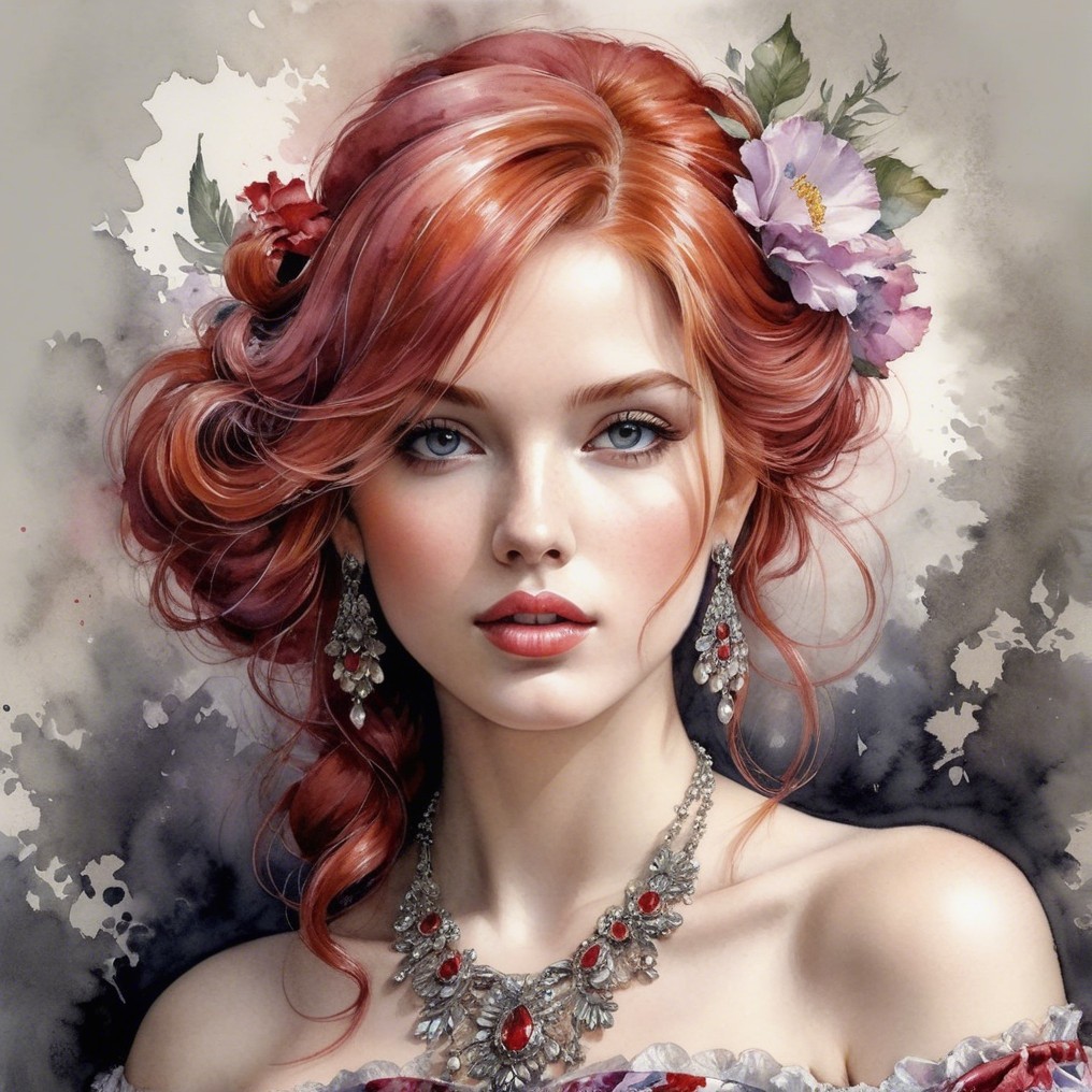 Young woman with red hair and floral accessories