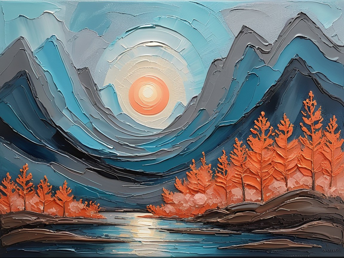 Landscape Painting of Mountains and Vibrant Trees