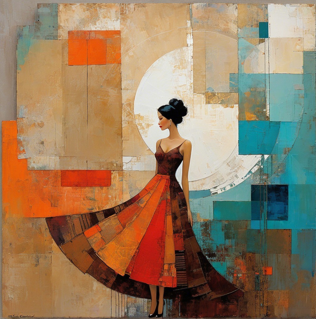 Stylish Woman in Flowing Dress with Abstract Background
