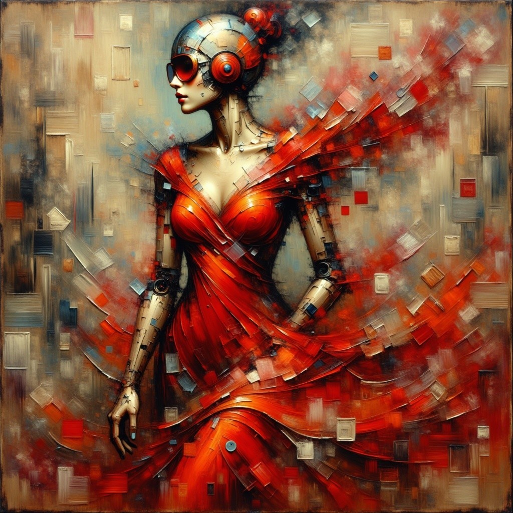 Futuristic Figure in Metallic Form and Red Gown