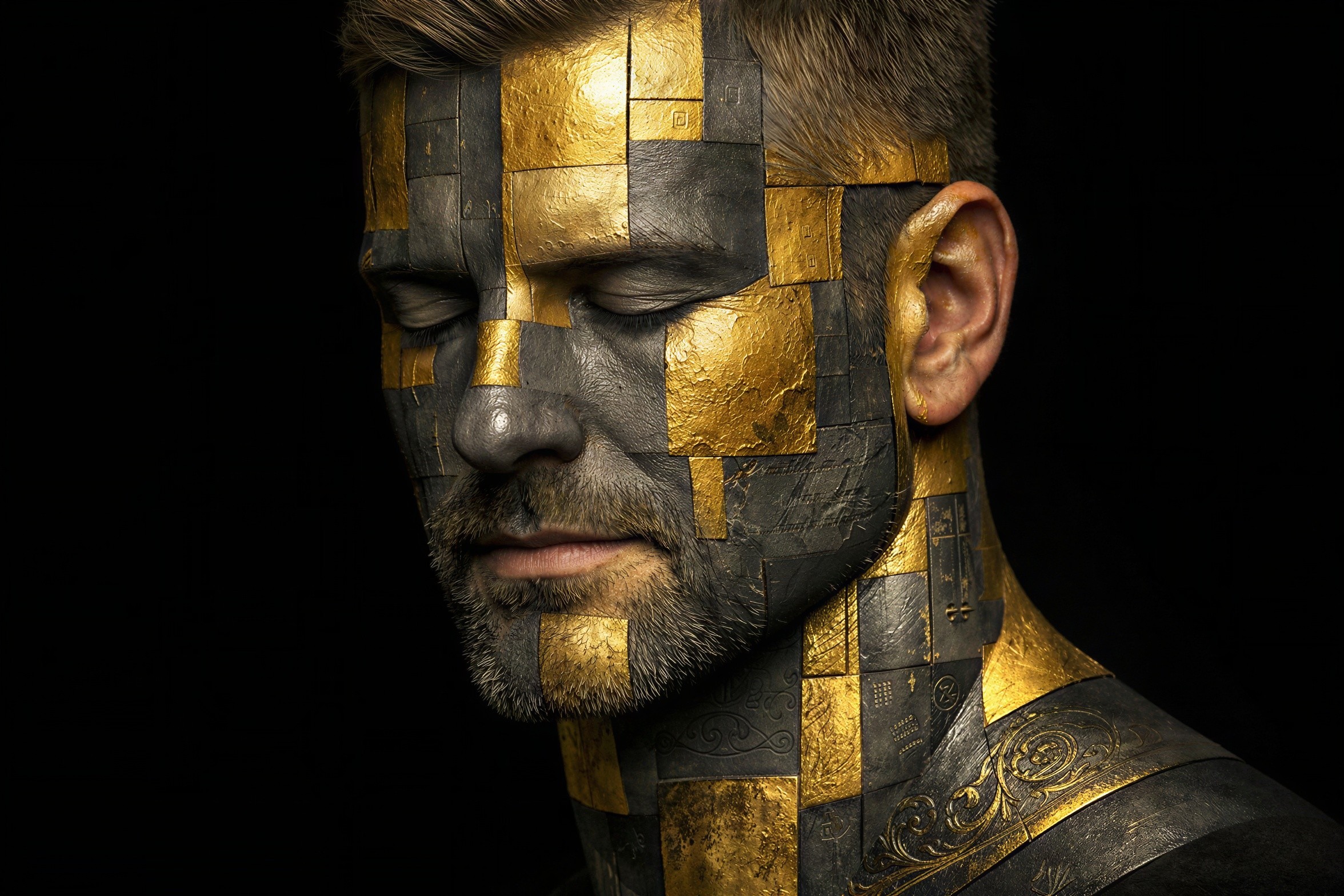 Close-up Portrait of Man with Patchwork Design
