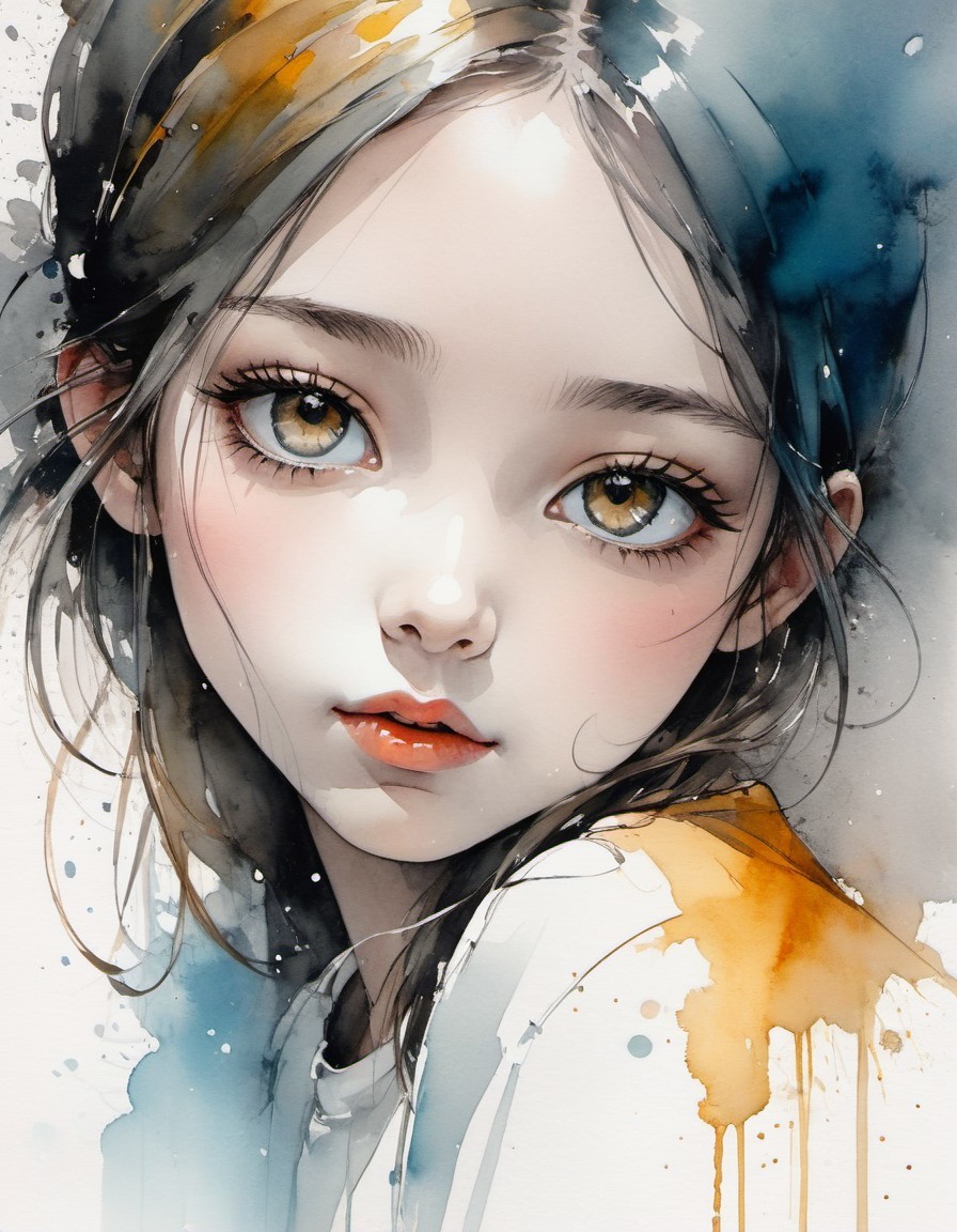 Portrait of a Young Girl with Watercolor Background