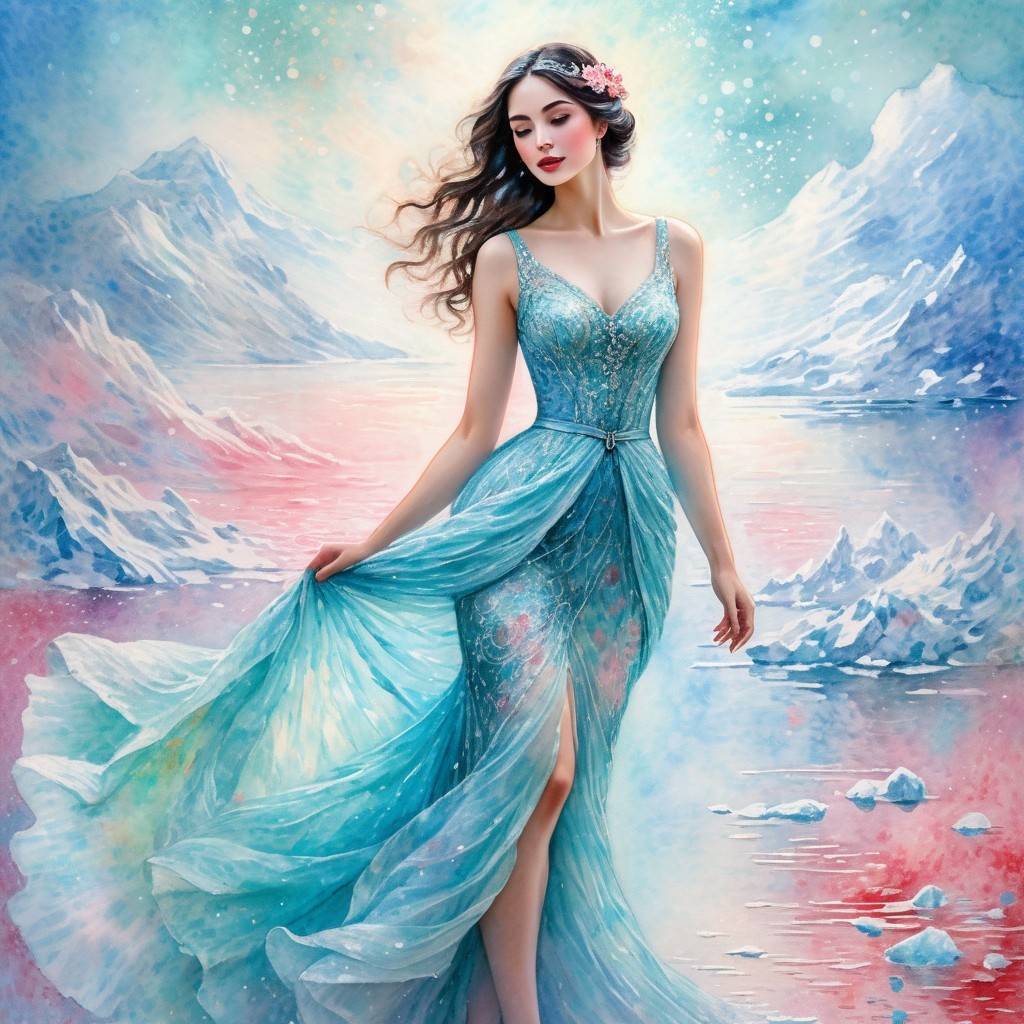 Ethereal Figure in Ice-Blue Gown Against Dreamy Background