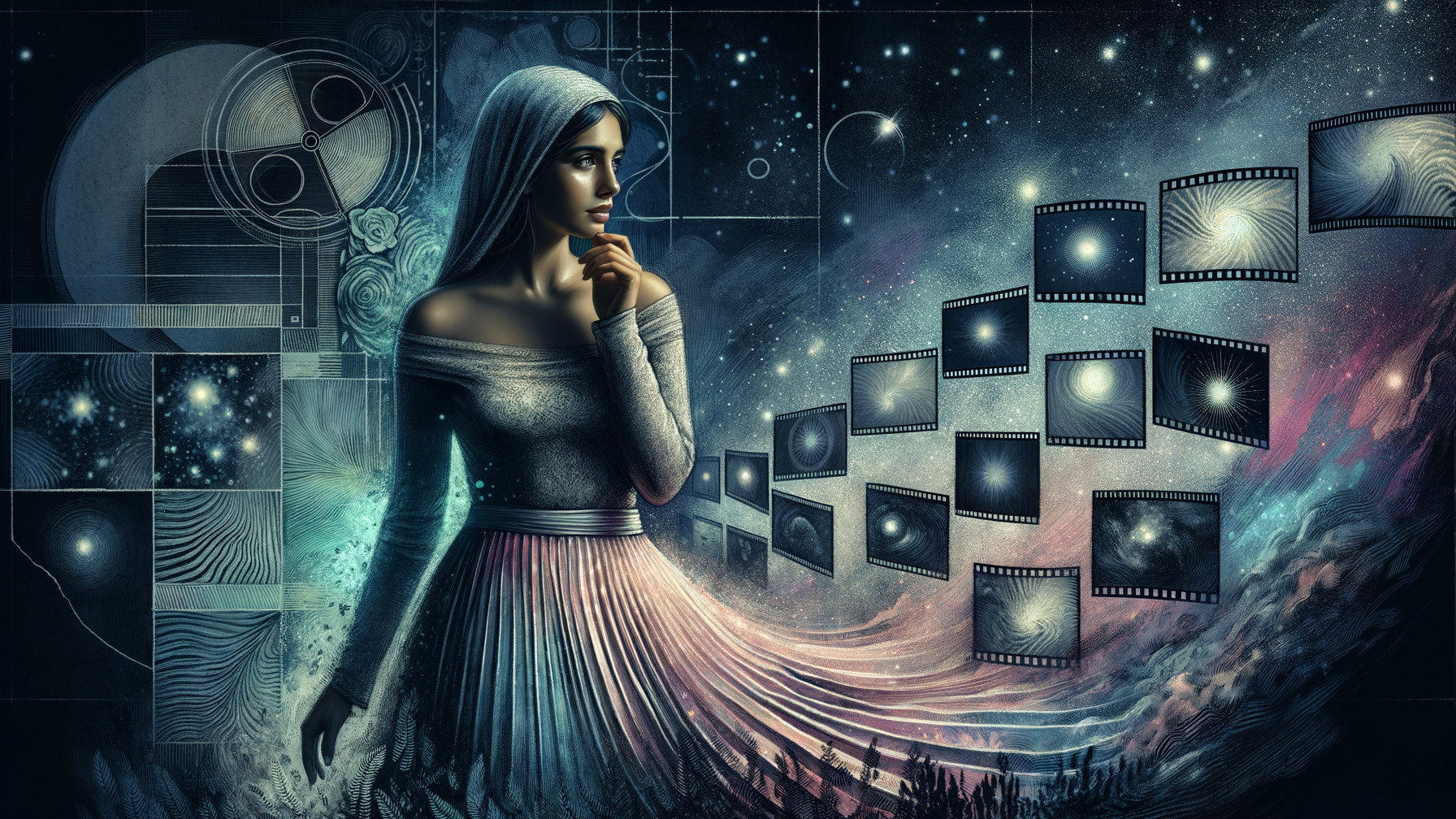 Mystical Woman in Cosmic Landscape with Celestial Hues