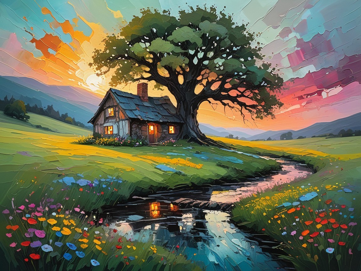 Rural Cottage by Stream with Colorful Sunset Sky