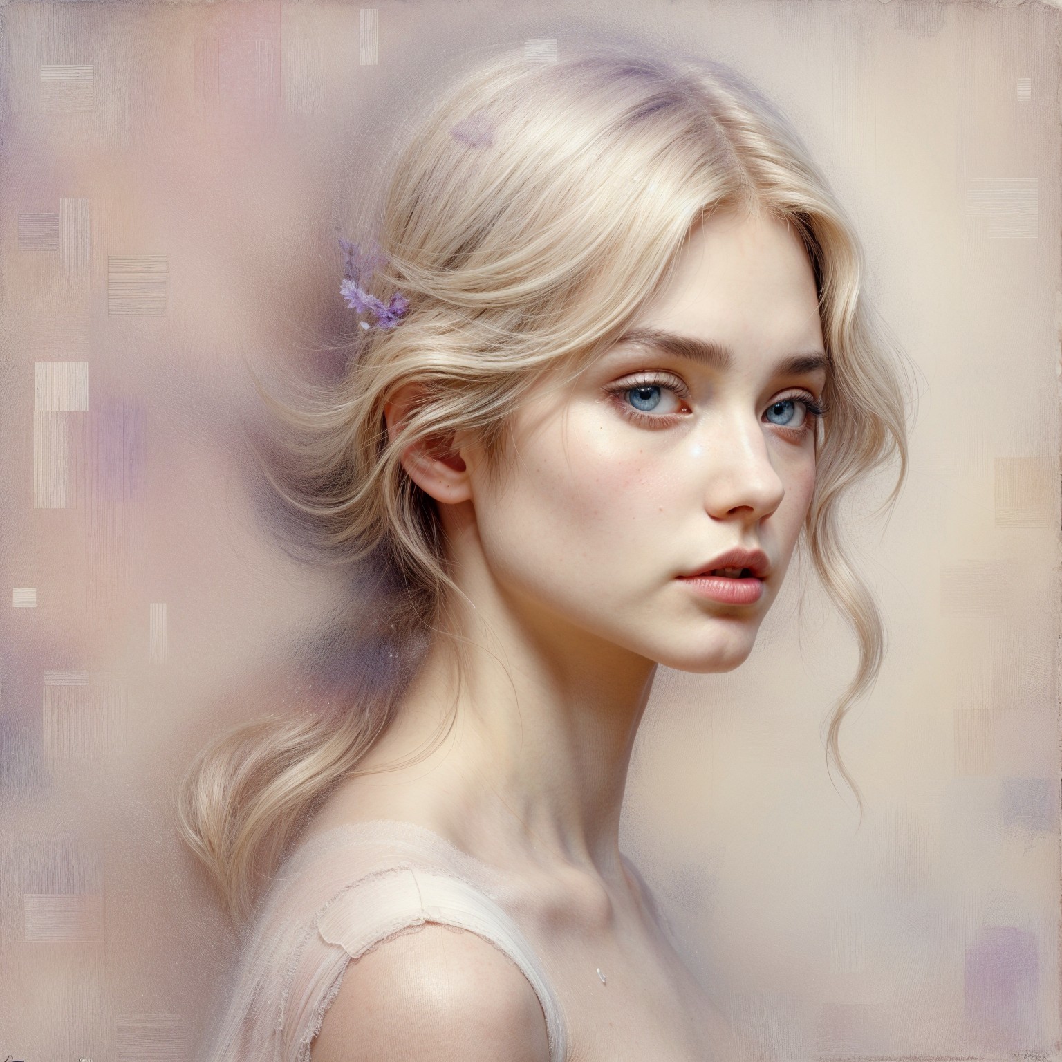 Portrait of a woman with blonde hair and lavender accents