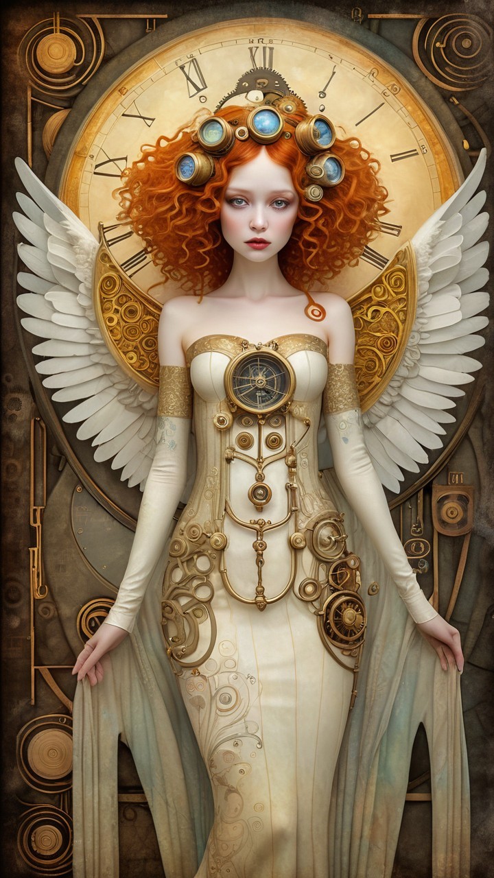 Neo-Steampunk Angelic Woman with Clockwork Background