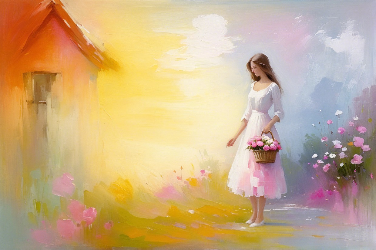 Young Woman in White Dress by Orange Cottage Landscape