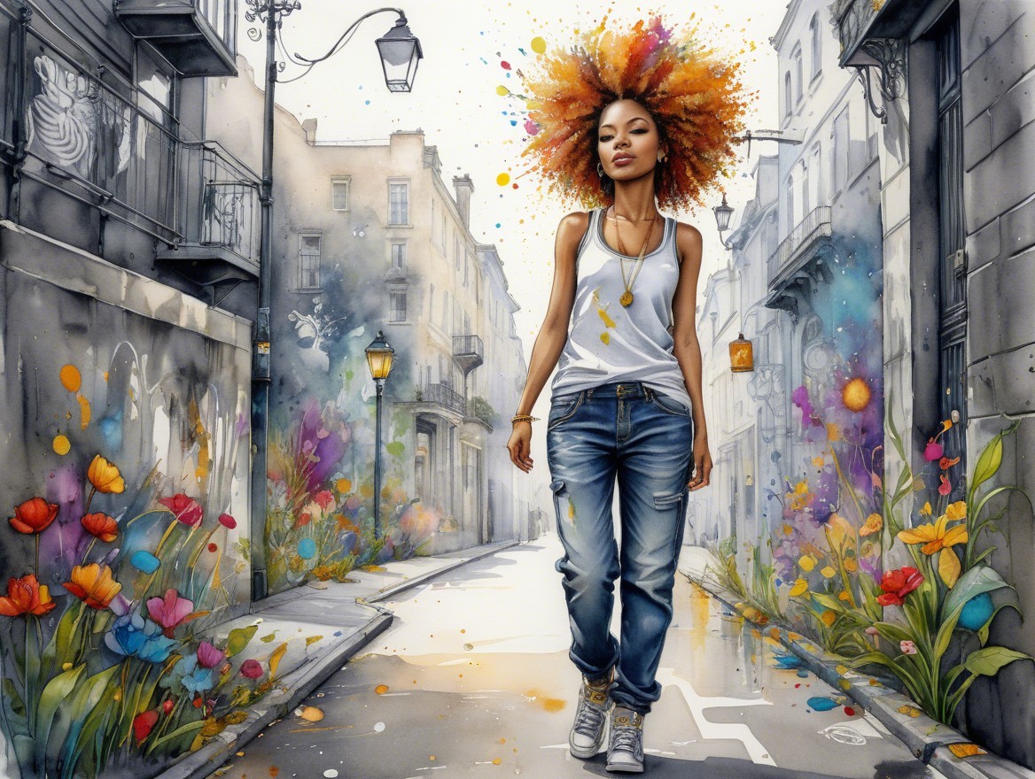 Vibrant Street Scene with Woman in Colorful Alleyway