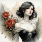 Elegant Woman with Red Hair and Black Lace Dress