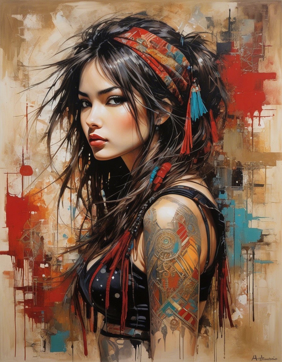 Portrait of a Young Woman with Feathers and Tattoos