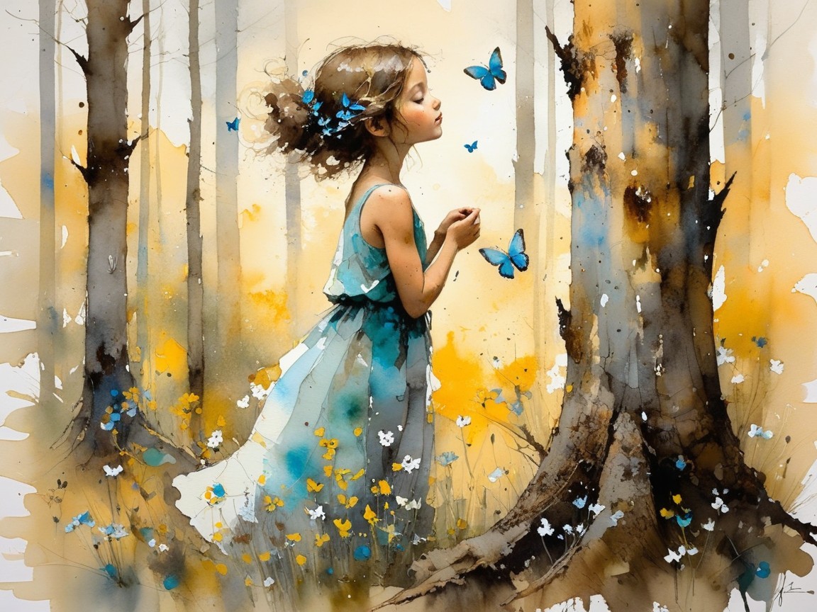 Young girl in a serene forest with butterfly and flowers