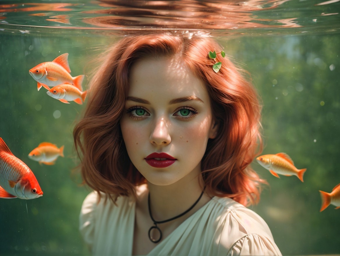 Red-haired woman with green eyes underwater surrounded by orange fish and light filtering through.
