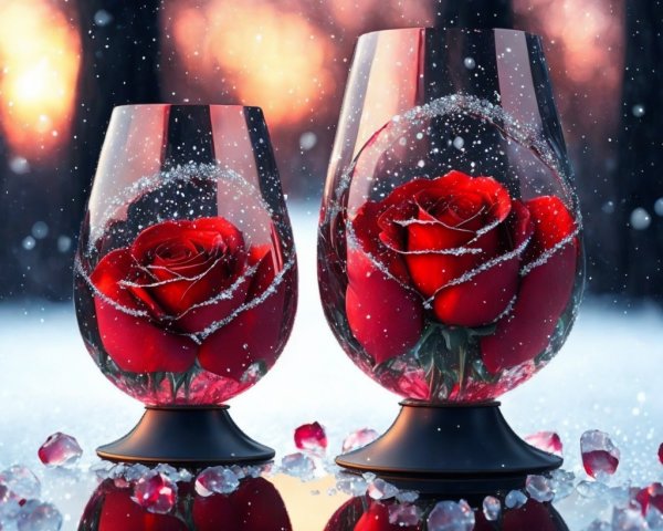 Elegant Glasses with Red Roses and Petals at Sunset