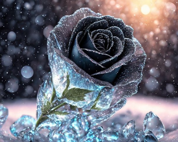 Black Rose with Ice Droplets in Wintery Scene