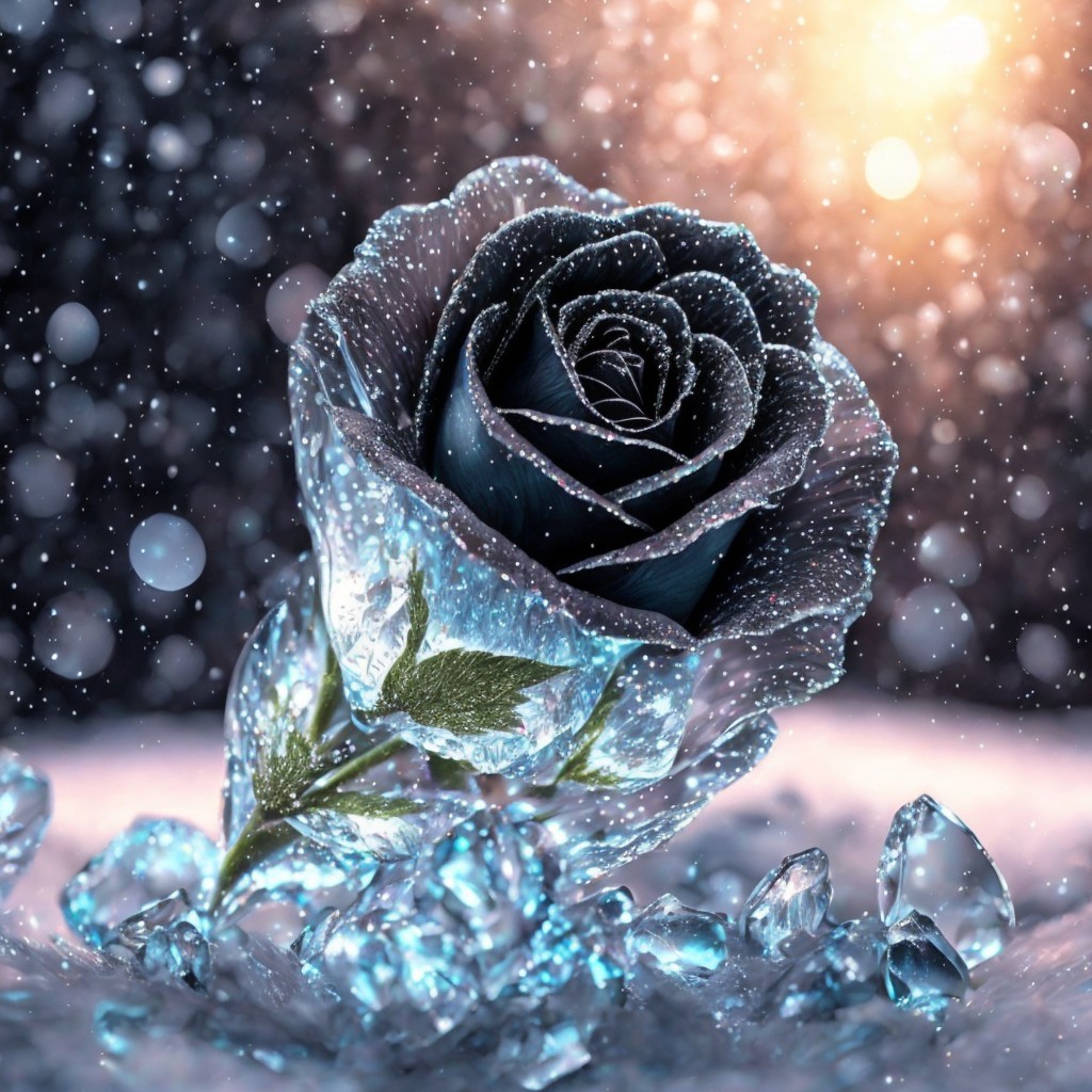 Black Rose with Ice Droplets in Wintery Scene