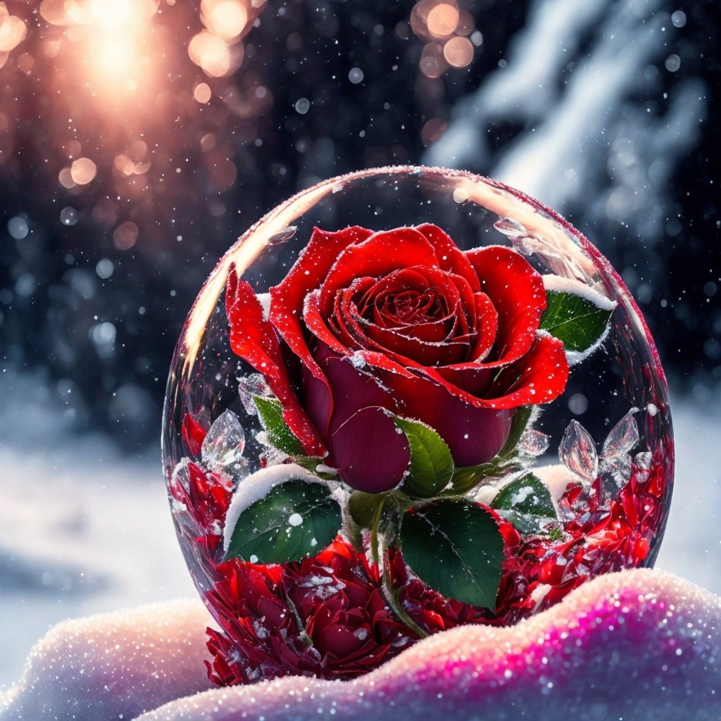 Red Rose in Crystal Snow Globe on Snowy Surface