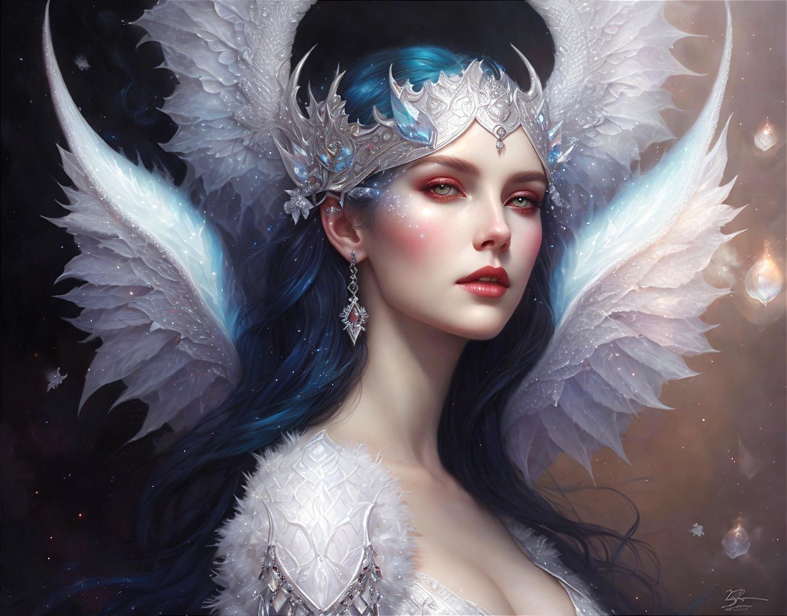 Fantasy portrait of woman with blue hair, silver headgear, feathered wings, white armor on