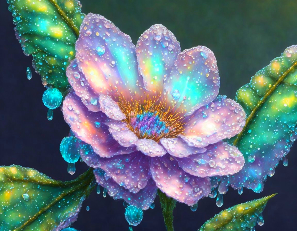 Colorful digital flower illustration with dewdrops in blue and pink hues.