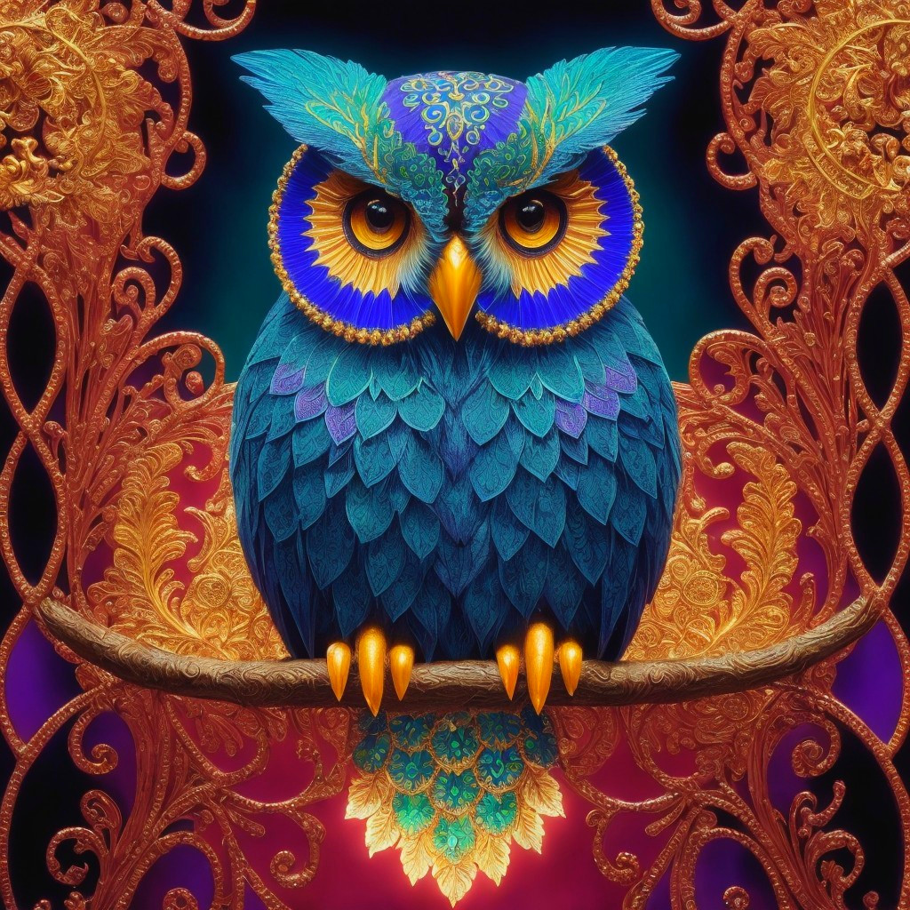 Colorful Owl Illustration Perched on Ornate Twigs