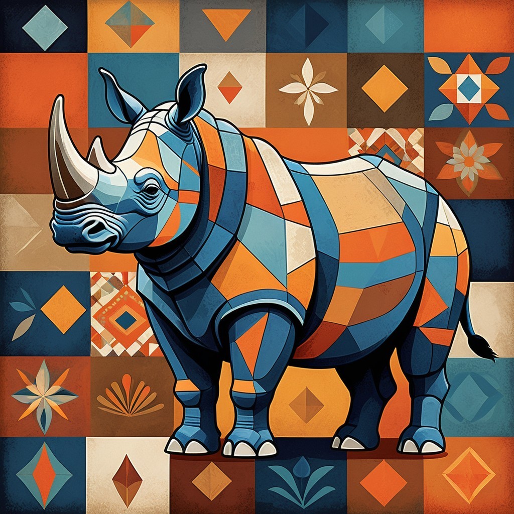 Stylized rhinoceros with geometric patterns and colors