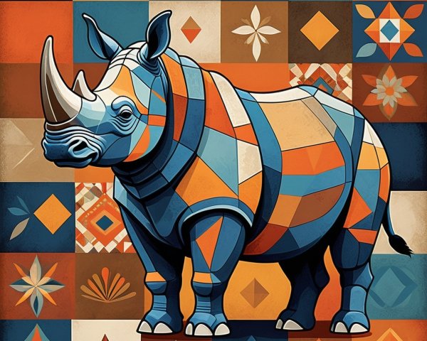 Stylized rhinoceros with geometric patterns and colors