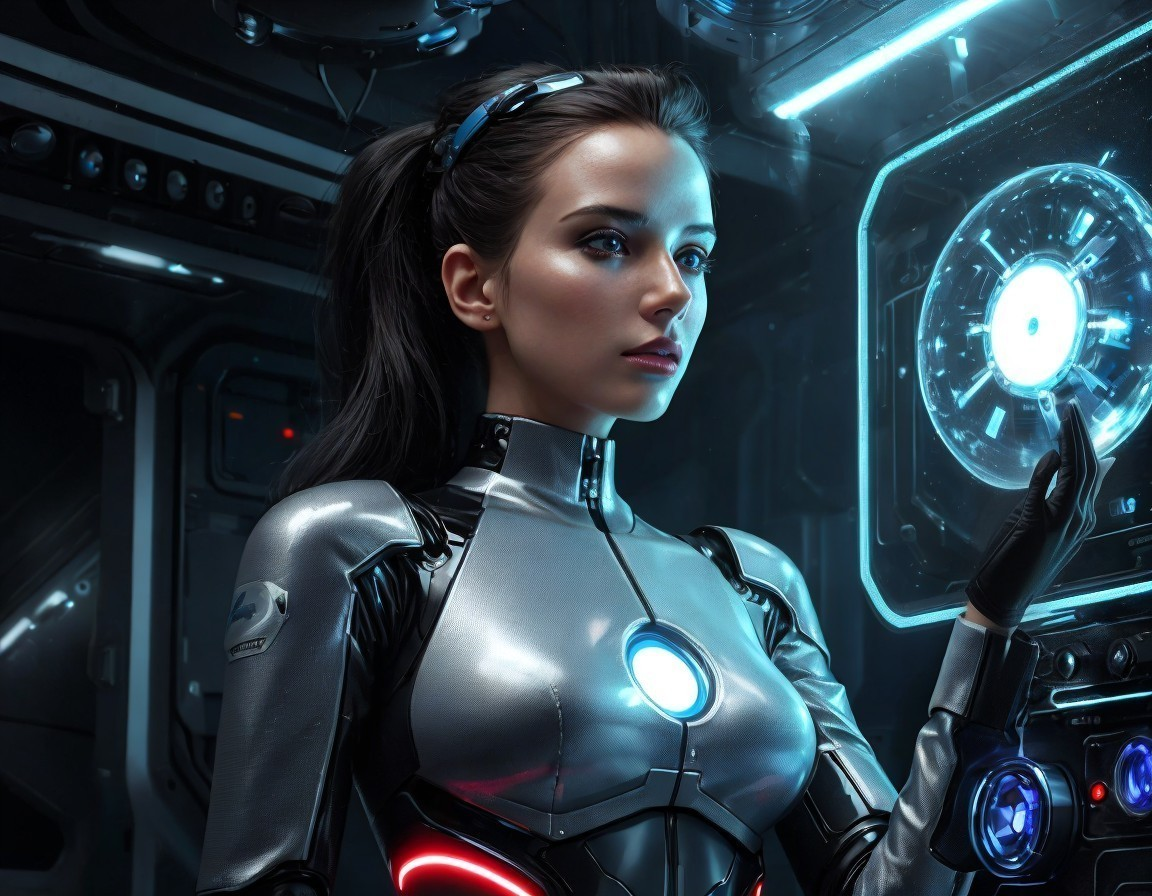 Futuristic woman in glowing suit with holographic interface