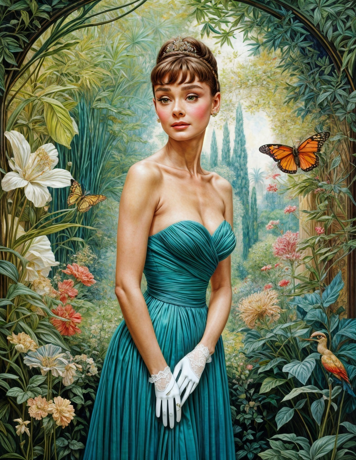 Glamorous Figure in Teal Gown in Lush Garden Setting