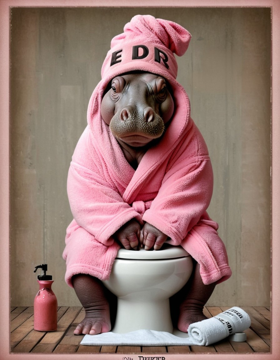 Hippo in Pink Bathrobe on Toilet with Accessories