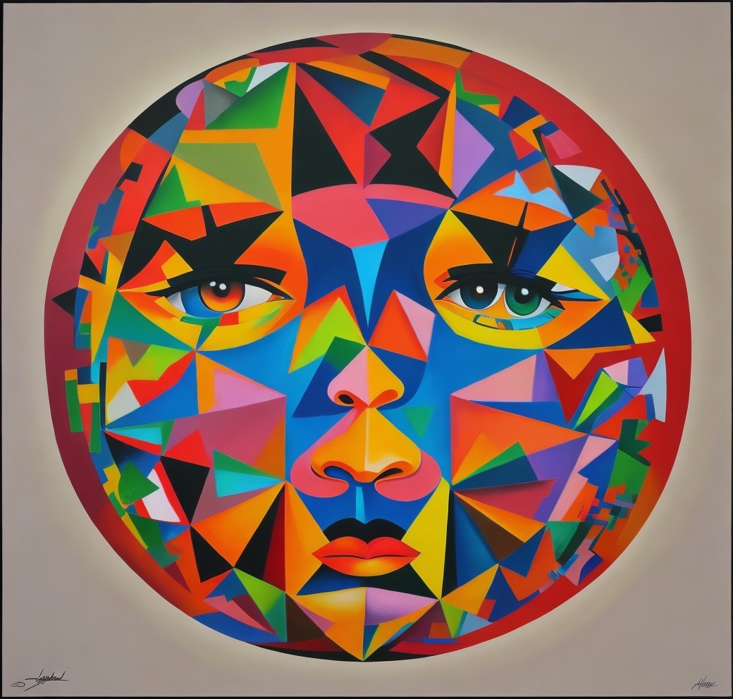 Colorful Geometric Face Artwork in Circular Frame
