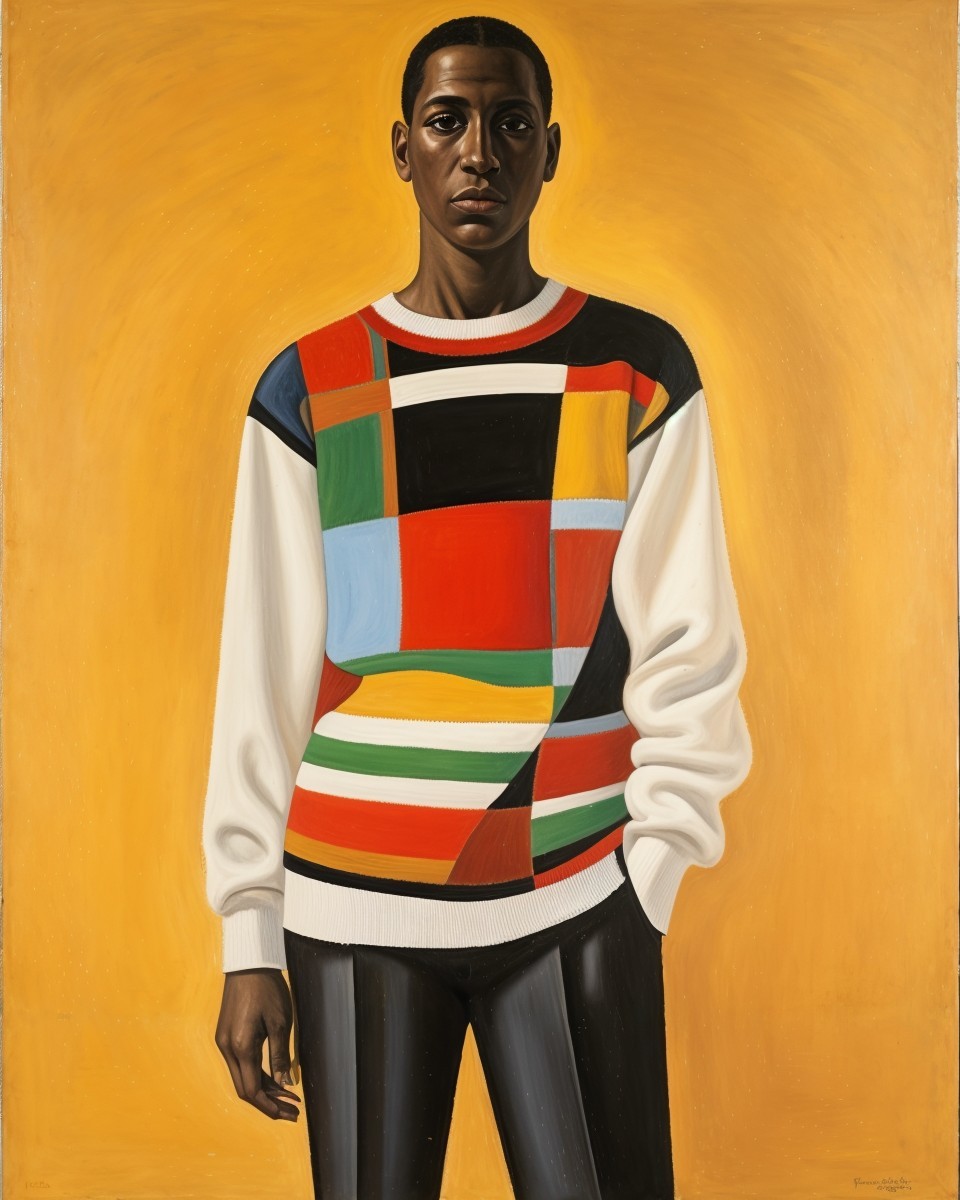 Young man in multicolored sweater against yellow background