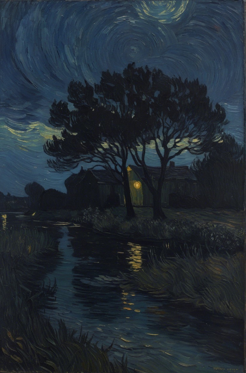 Serene Night Scene with Moonlit Landscape and Trees